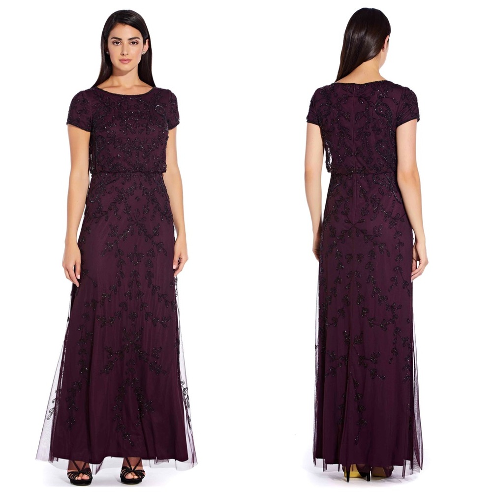 Adrianna Papell Short Sleeve Blouson Beaded Gown